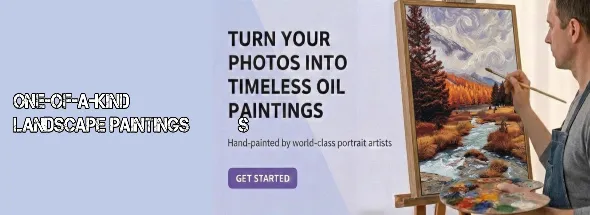 Custom landscape painting service with an artist hand‑painting a river and autumn trees from a photo, showcasing one‑of‑a‑kind hand‑painted oil artwork.